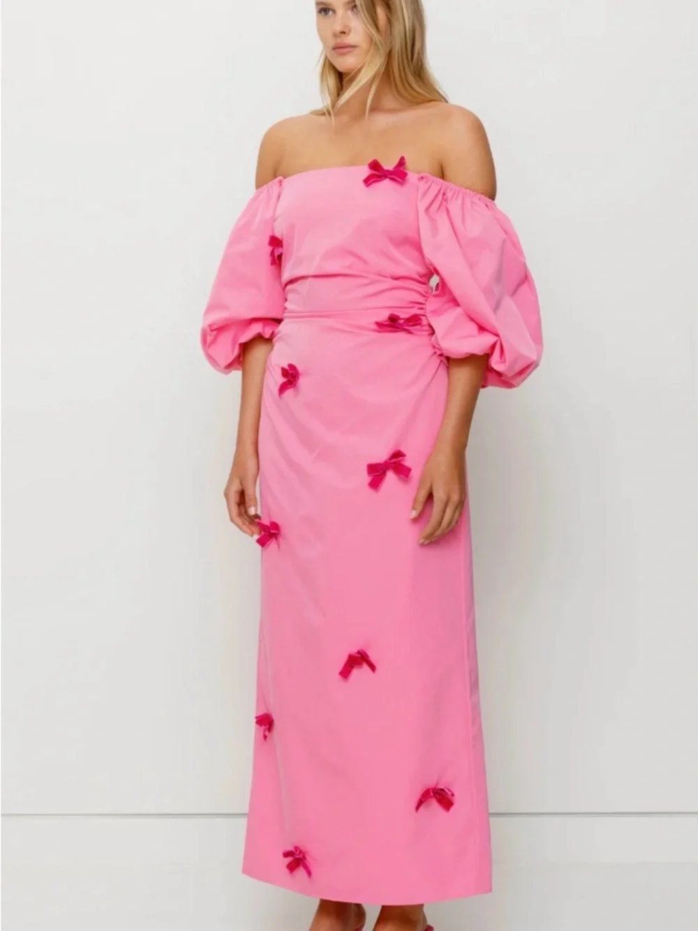 The Wolf Gang Amar Dress | Off-Shoulder Pink Puff-Sleeve Midi Dress with Bows - Picture 3 of 9